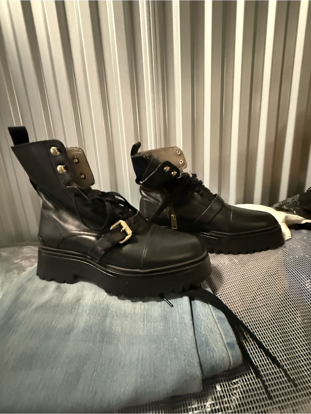 AllSaints Black Leather Lace-Up Lug Boots with Buckle
